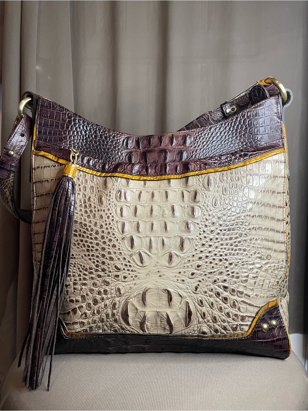 Brahmin Croc Embossed Leather Shoulder Bag | Beige & Espresso Brown Tassel Hobo